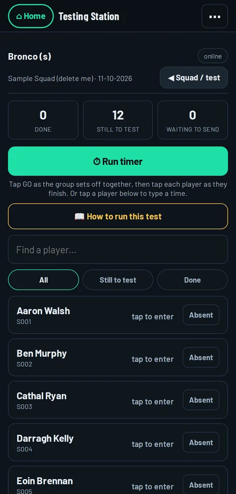 The Testing Station on a phone: a Bronco test with a run timer and a list of players to tap as they finish